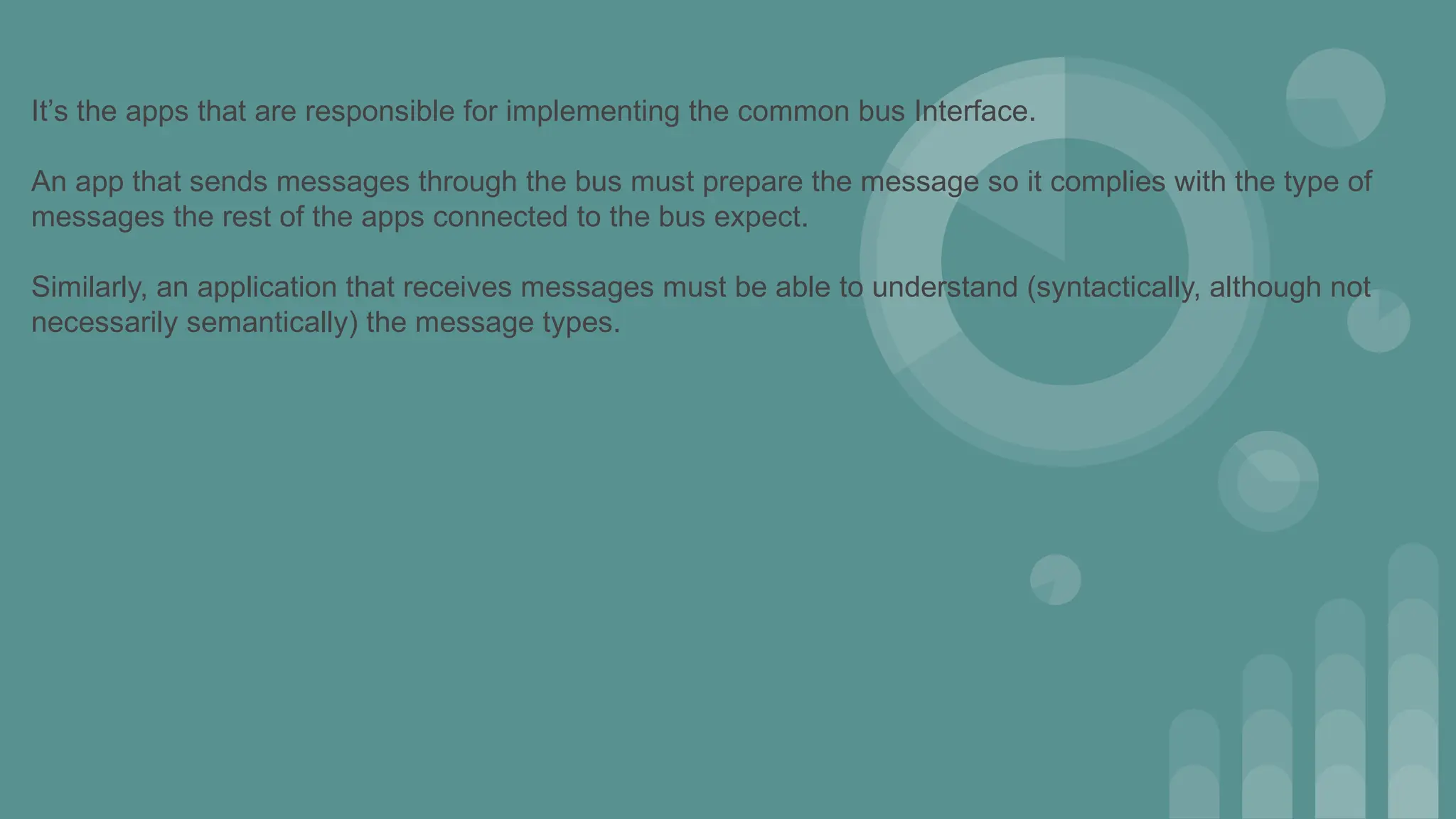 It’s the apps that are responsible for implementing the common bus Interface.
An app that sends messages through the bus must prepare the message so it complies with the type of
messages the rest of the apps connected to the bus expect.
Similarly, an application that receives messages must be able to understand (syntactically, although not
necessarily semantically) the message types.
 