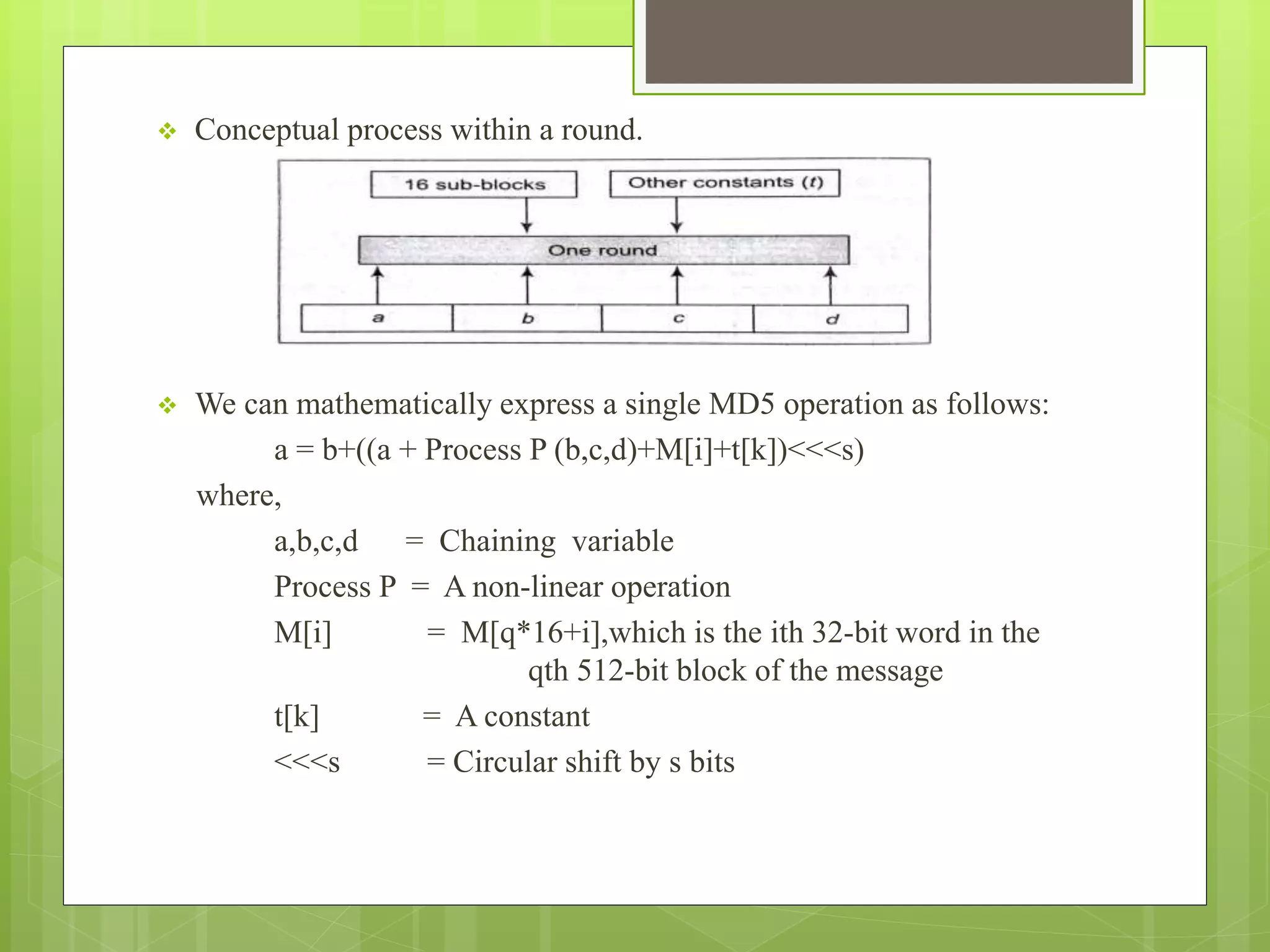  Conceptual process within a round.
 We can mathematically express a single MD5 operation as follows:
a = b+((a + Process P (b,c,d)+M[i]+t[k])<<<s)
where,
a,b,c,d = Chaining variable
Process P = A non-linear operation
M[i] = M[q*16+i],which is the ith 32-bit word in the
qth 512-bit block of the message
t[k] = A constant
<<<s = Circular shift by s bits
 