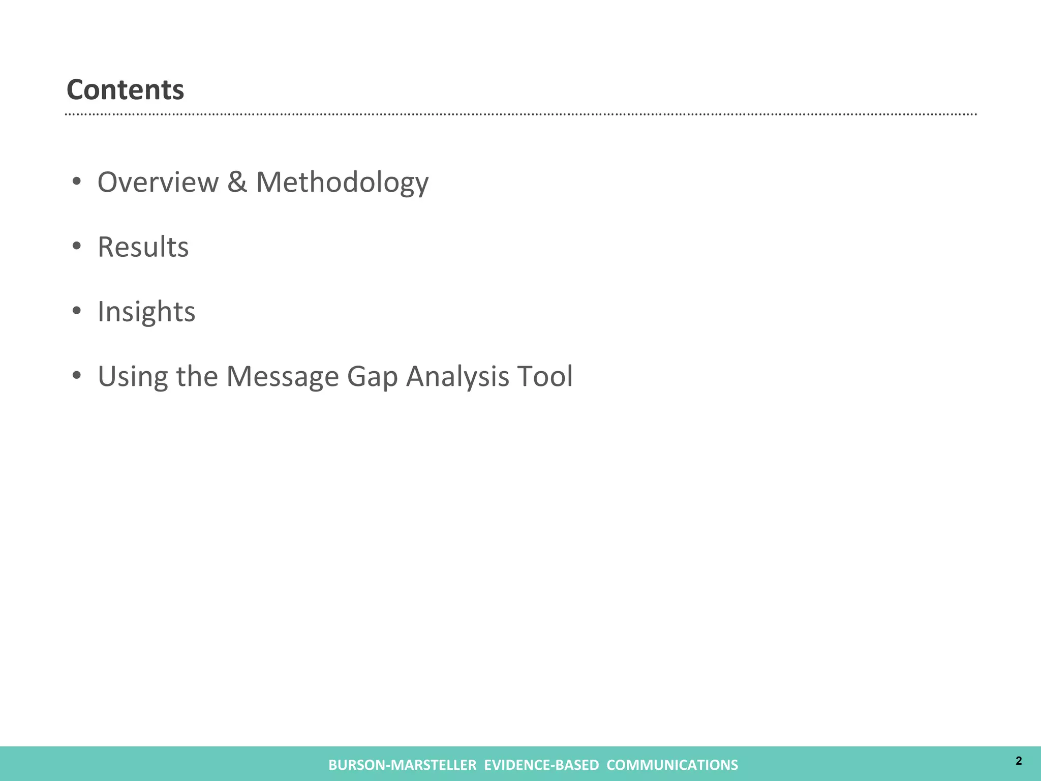 Contents Overview & Methodology Results Insights Using the Message Gap Analysis Tool 