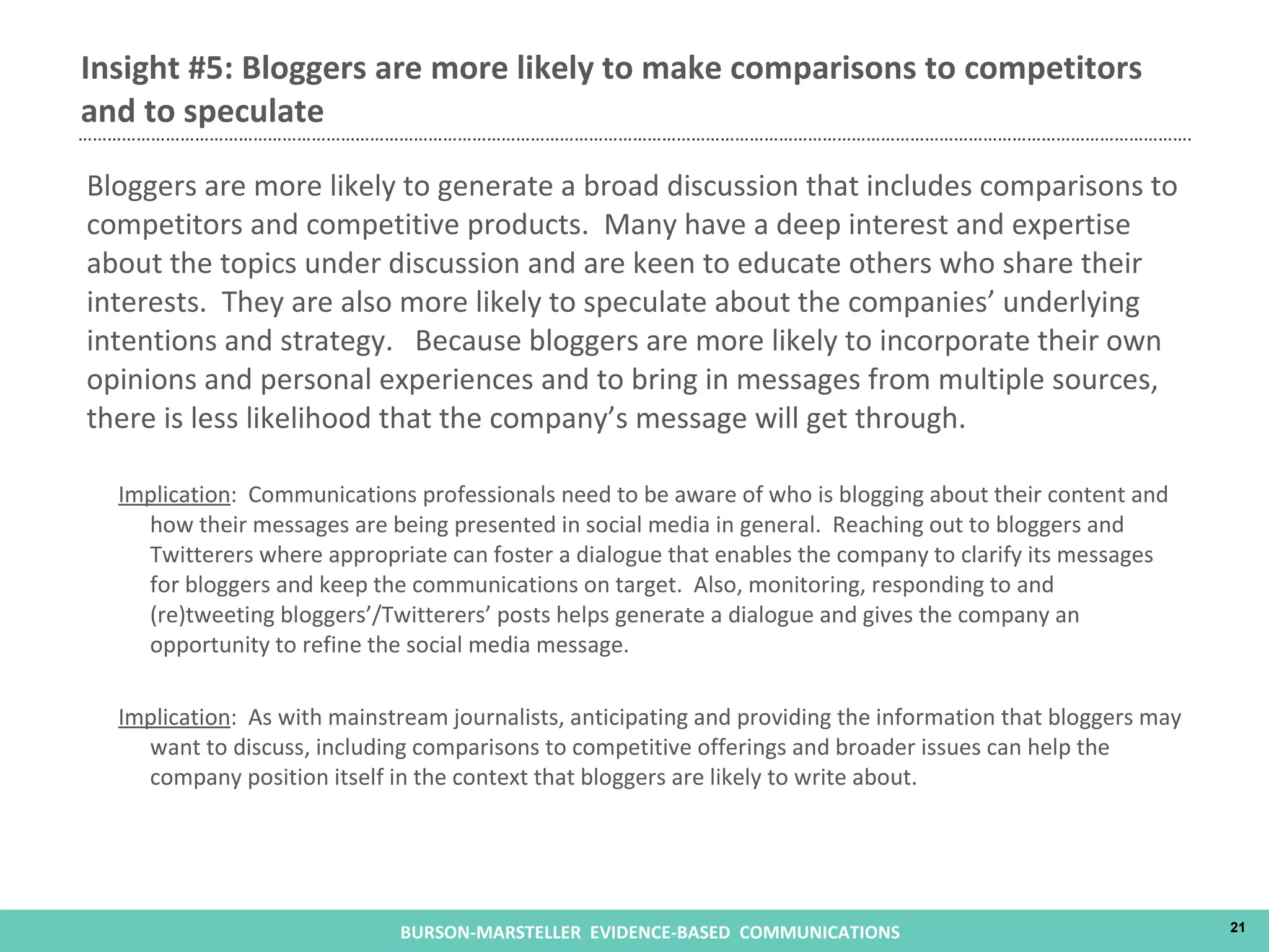 Bloggers are more likely to generate a broad discussion that includes comparisons to competitors and competitive products.  Many have a deep interest and expertise about the topics under discussion and are keen to educate others who share their interests.  They are also more likely to speculate about the companies’ underlying intentions and strategy.  Because bloggers are more likely to incorporate their own opinions and personal experiences and to bring in messages from multiple sources, there is less likelihood that the company’s message will get through. Implication :  Communications professionals need to be aware of who is blogging about their content and how their messages are being presented in social media in general.  Reaching out to bloggers and Twitterers where appropriate can foster a dialogue that enables the company to clarify its messages for bloggers and keep the communications on target.  Also, monitoring, responding to and (re)tweeting bloggers’/Twitterers’ posts helps generate a dialogue and gives the company an opportunity to refine the social media message. Implication :  As with mainstream journalists, anticipating and providing the information that bloggers may want to discuss, including comparisons to competitive offerings and broader issues can help the company position itself in the context that bloggers are likely to write about. Insight #5: Bloggers are more likely to make comparisons to competitors and to speculate 