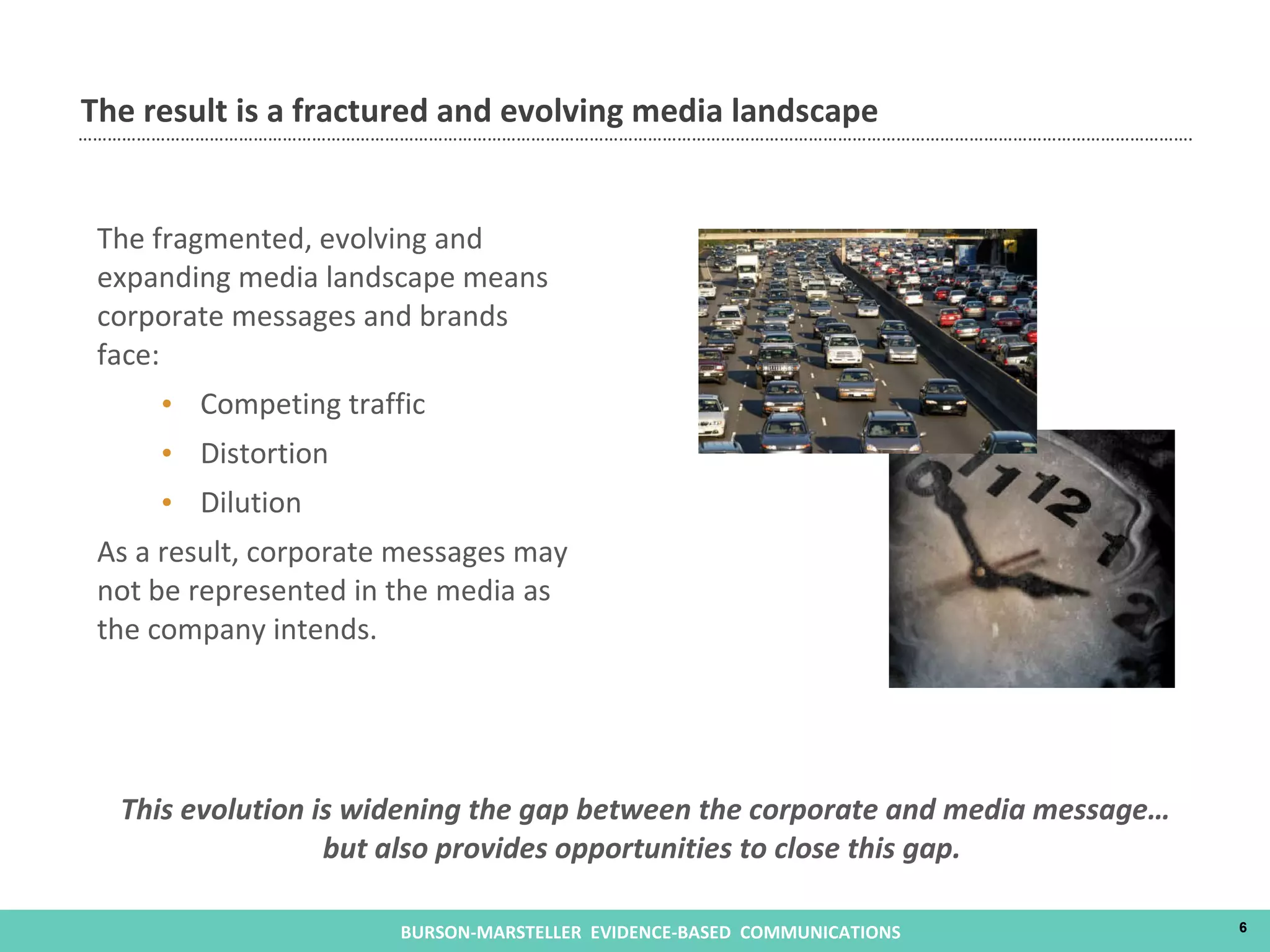 The result is a fractured and evolving media landscape The fragmented, evolving and expanding media landscape means corporate messages and brands face: Competing traffic Distortion  Dilution As a result, corporate messages may not be represented in the media as the company intends.  This evolution is widening the gap between the corporate and media message…but also provides opportunities to close this gap.  