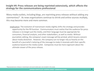 Many media outlets, including blogs, are reprinting press releases without adding any commentary*.  As news organizations continue to shrink and online sources multiply, this may become more and more common. Implication : The evolution of mainstream media slightly shifts the strategy and provides opportunity for the PR function.  Communicators must realize that the audience for press releases is no longer just the media, and their language must be appropriate for consumers, financial analysts, and other stakeholders, as well as media. Without journalistic editing, the company’s exact message will be printed, which lessens concern about media distortion.  However, the company can no longer rely as heavily on the benefit of a journalist’s tailoring of the message to make it resonate with their specific audience based on the media outlet.  Companies must be more cognizant about the ultimate viewer of the press release. Insight #4: Press releases are being reprinted extensively, which affects the strategy for the communications professional *Repurposed press releases in mainstream and social media were not included in this study. 