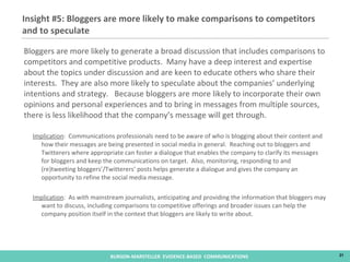 Bloggers are more likely to generate a broad discussion that includes comparisons to competitors and competitive products.  Many have a deep interest and expertise about the topics under discussion and are keen to educate others who share their interests.  They are also more likely to speculate about the companies’ underlying intentions and strategy.  Because bloggers are more likely to incorporate their own opinions and personal experiences and to bring in messages from multiple sources, there is less likelihood that the company’s message will get through. Implication :  Communications professionals need to be aware of who is blogging about their content and how their messages are being presented in social media in general.  Reaching out to bloggers and Twitterers where appropriate can foster a dialogue that enables the company to clarify its messages for bloggers and keep the communications on target.  Also, monitoring, responding to and (re)tweeting bloggers’/Twitterers’ posts helps generate a dialogue and gives the company an opportunity to refine the social media message. Implication :  As with mainstream journalists, anticipating and providing the information that bloggers may want to discuss, including comparisons to competitive offerings and broader issues can help the company position itself in the context that bloggers are likely to write about. Insight #5: Bloggers are more likely to make comparisons to competitors and to speculate 