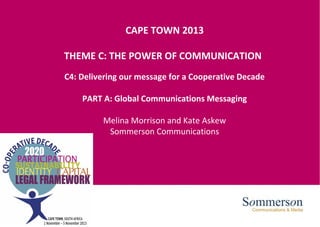 CAPE TOWN 2013
THEME C: THE POWER OF COMMUNICATION
 

C4: Delivering our message for a Cooperative Decade
 
PART A: Global Communications Messaging
Melina Morrison and Kate Askew
Sommerson Communications

 