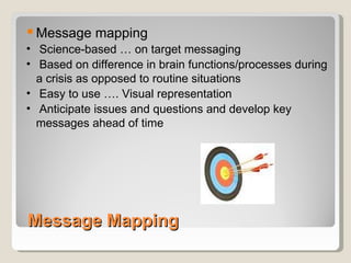 Message Mapping Message mapping Science-based … on target messaging Based on difference in brain functions/processes during a crisis as opposed to routine situations Easy to use …. Visual representation Anticipate issues and questions and develop key messages ahead of time 