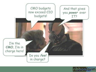 I’m the
CMO, I’m in
charge here!
CMO budgets
now exceed CIO
budgets!
Do you feel
in charge?
And that gives
you power over
IT?
 