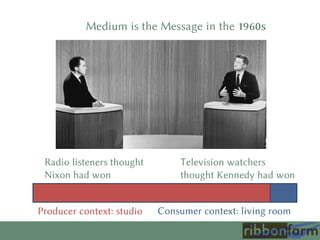Medium is the Message in the 1960s
Radio listeners thought
Nixon had won
Television watchers
thought Kennedy had won
Producer context: studio Consumer context: living room
 