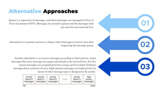 Queue is a repository of messages, and these messages are managed in First-in
First-out manner (FIFO). Messages are stored in queues and the messages that
are sent first are received first.
Alternative is to permit receiver to choose which message to receive next after
inspecting the message queue.
Another alternative is to receive messages according to their priority. Some
messages like error message are urgent and should to be received first, for this
reason messages are assigned priorities using a priority band. Ordinary
messages have a priority of zero. High-priority messages are high priority by
nature of their message type or designation by sender.
Alternative Approaches
02
03
01
 