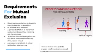 24
● Only one process at a time is allowed in
the critical section for a resource.
● no deadlock or no starvation.
● A process that halts in its Non-critical
section must do so without interfering
with the processes.
● A process must not be delayed access
to a critical section when there is no
other process using it.
● A process remains inside its critical
section for a finite time only.
Requirements
For Mutual
Exclusion
> Critical Section is the part of a
program which tries to access shared
resources
 