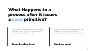 What Happens to a
process after it issues
a send primitive?
7
If the process resumes its work after sending a
message i.e. does not wait till the destination
process has received the message
If the process does not resumes its work after
sending a message i.e. it waits till the
destination process has received the message
Non-blocking Send Blocking send
 