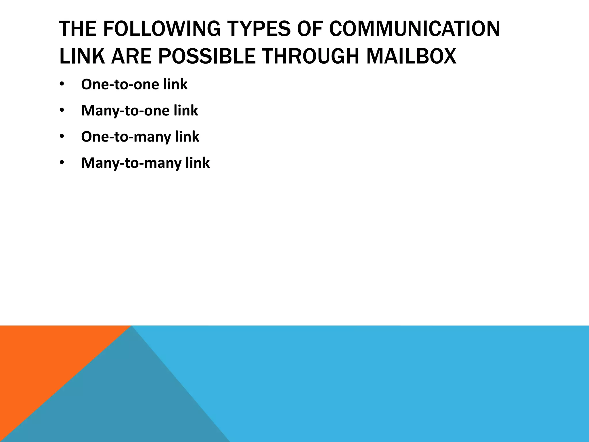 THE FOLLOWING TYPES OF COMMUNICATION
LINK ARE POSSIBLE THROUGH MAILBOX
• One-to-one link
• Many-to-one link
• One-to-many link
• Many-to-many link
 