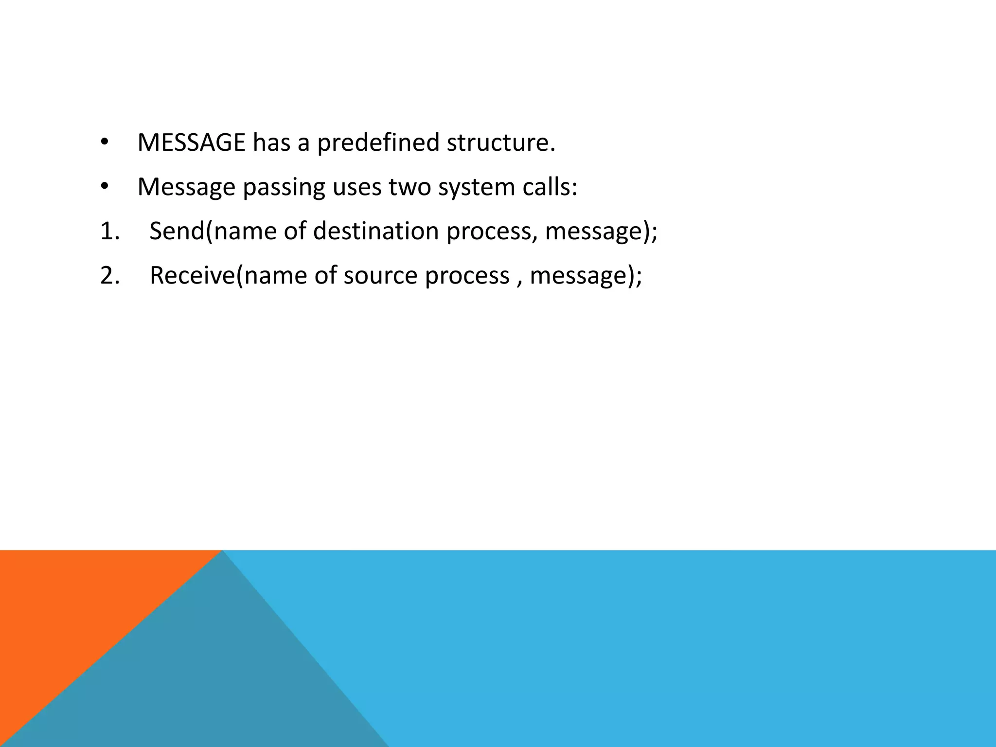 • MESSAGE has a predefined structure.
• Message passing uses two system calls:
1. Send(name of destination process, message);
2. Receive(name of source process , message);
 