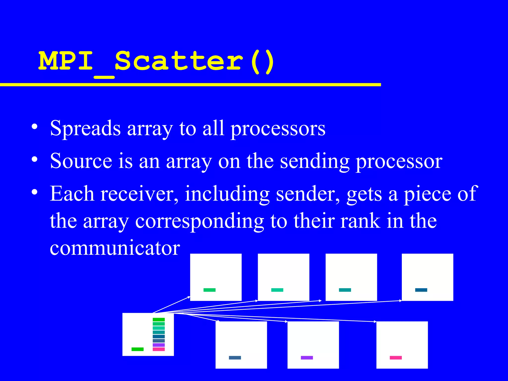 MPI_Scatter()

• Spreads array to all processors
• Source is an array on the sending processor
• Each receiver, including sender, gets a piece of
  the array corresponding to their rank in the
  communicator
 