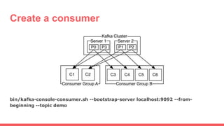 Create a consumer
bin/kafka-console-consumer.sh --bootstrap-server localhost:9092 --from-
beginning --topic demo
 