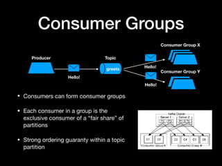 Consumer Groups
• Consumers can form consumer groups

• Each consumer in a group is the
exclusive consumer of a “fair share” of
partitions

• Strong ordering guaranty within a topic
partition
TopicProducer
Hello!
Hello!
greets
Hello!
Consumer Group X
Consumer Group Y
 