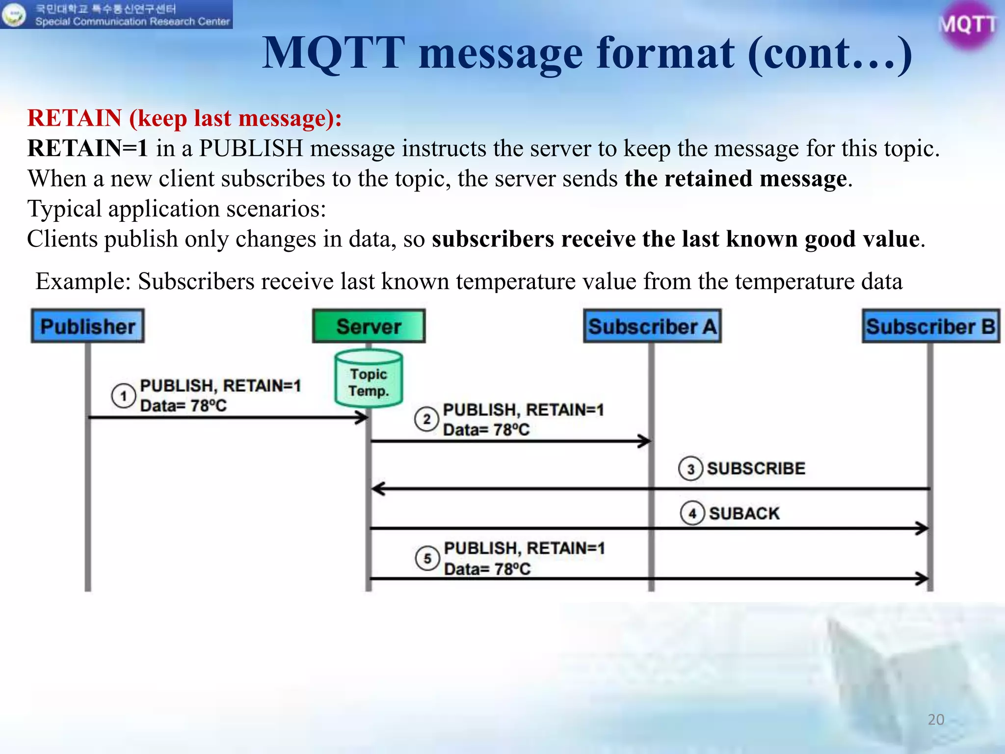20
RETAIN (keep last message):
RETAIN=1 in a PUBLISH message instructs the server to keep the message for this topic.
When a new client subscribes to the topic, the server sends the retained message.
Typical application scenarios:
Clients publish only changes in data, so subscribers receive the last known good value.
MQTT message format (cont…)
Example: Subscribers receive last known temperature value from the temperature data
topic. RETAIN=1 indicates to subscriber B that the message may have been published
some time ago
 