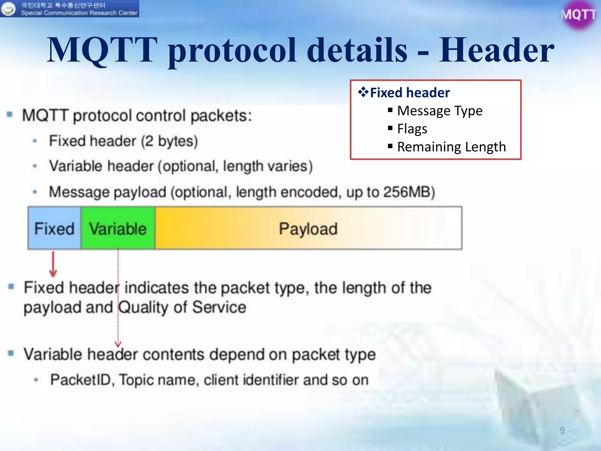 MQTT protocol details - Header
9
Fixed header
 Message Type
 Flags
 Remaining Length
 