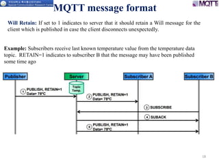 18
Example: Subscribers receive last known temperature value from the temperature data
topic. RETAIN=1 indicates to subscriber B that the message may have been published
some time ago
MQTT message format
Will Retain: If set to 1 indicates to server that it should retain a Will message for the
client which is published in case the client disconnects unexpectedly.
 