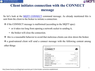 Client initiates connection with the CONNECT
message
5
So let’s look at the MQTT CONNECT command message. As already mentioned this is
sent from the client to the broker to initiate a connection.
 if the CONNECT message is malformed (according to the MQTT spec)
• or it takes too long from opening a network socket to sending it,
• the broker will close the connection.
 this is a reasonable behavior to avoid that malicious clients can slow down the broker.
 a good-natured client will send a connect message with the following content among
other things
http://www.hivemq.com/blog/mqtt-essentials-part-3-client-broker-connection-establishment
 