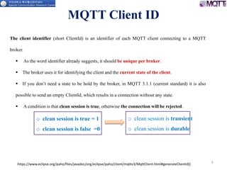 MQTT Client ID
6
The client identifier (short ClientId) is an identifier of each MQTT client connecting to a MQTT
broker.
 As the word identifier already suggests, it should be unique per broker.
 The broker uses it for identifying the client and the current state of the client.
 If you don’t need a state to be hold by the broker, in MQTT 3.1.1 (current standard) it is also
possible to send an empty ClientId, which results in a connection without any state.
 A condition is that clean session is true, otherwise the connection will be rejected.
https://www.eclipse.org/paho/files/javadoc/org/eclipse/paho/client/mqttv3/MqttClient.html#generateClientId()
o clean session is true = 1
o clean session is false =0
o clean session is transient
o clean session is durable
 