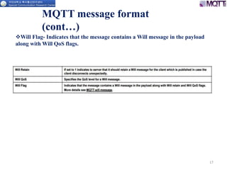 17
MQTT message format
(cont…)
Will Flag- Indicates that the message contains a Will message in the payload
along with Will QoS flags.
 