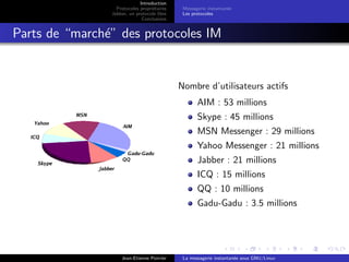 Introduction
Protocoles propri´etaires
Jabber, un protocole libre
Conclusions
Messagerie instantan´ee
Les protocoles
Parts de “march´e” des protocoles IM
Nombre d’utilisateurs actifs
AIM : 53 millions
Skype : 45 millions
MSN Messenger : 29 millions
Yahoo Messenger : 21 millions
Jabber : 21 millions
ICQ : 15 millions
QQ : 10 millions
Gadu-Gadu : 3.5 millions
Jean-Etienne Poirrier La messagerie instantan´ee sous GNU/Linux
 
