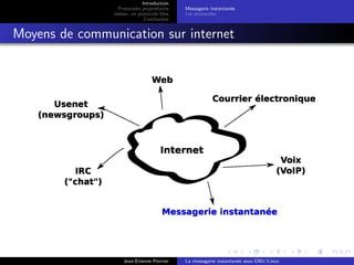 Introduction
Protocoles propri´etaires
Jabber, un protocole libre
Conclusions
Messagerie instantan´ee
Les protocoles
Moyens de communication sur internet
Jean-Etienne Poirrier La messagerie instantan´ee sous GNU/Linux
 