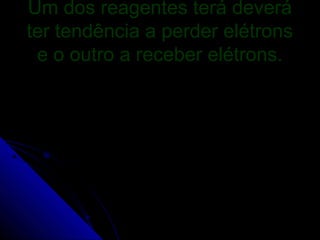 Um dos reagentes terá deverá
ter tendência a perder elétrons
 e o outro a receber elétrons.
 