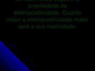de reatividade seguem a
        propriedade da
  eletropositividade. Quanto
maior a eletropositividade maior
    será a sua reatividade.
 