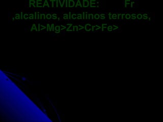 REATIVIDADE:          Fr
,alcalinos, alcalinos terrosos,
    Al>Mg>Zn>Cr>Fe>
 
