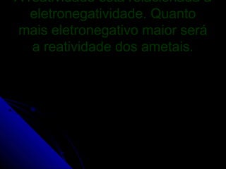 A reatividade está relacionada a
   eletronegatividade. Quanto
mais eletronegativo maior será
   a reatividade dos ametais.
 