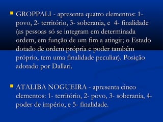  GROPPALI - apresenta quatro elementos: 1-GROPPALI - apresenta quatro elementos: 1-
povo, 2- território, 3- soberania, e 4- finalidadepovo, 2- território, 3- soberania, e 4- finalidade
(as pessoas só se integram em determinada(as pessoas só se integram em determinada
ordem, em função de um fim a atingir; o Estadoordem, em função de um fim a atingir; o Estado
dotado de ordem própria e poder tambémdotado de ordem própria e poder também
próprio, tem uma finalidade peculiar). Posiçãopróprio, tem uma finalidade peculiar). Posição
adotado por Dallari.adotado por Dallari.
 ATALIBA NOGUEIRA - apresenta cincoATALIBA NOGUEIRA - apresenta cinco
elementos: 1- território, 2- povo, 3- soberania, 4-elementos: 1- território, 2- povo, 3- soberania, 4-
poder de império, e 5- finalidade.poder de império, e 5- finalidade.
 