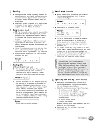 15Connections
3 Word work Numbers
● Remind students of the numbers they met in the text.
Then they work individually to match the written
numbers with the figures.
Answers
1 b 2 e 3 g 4 h 5 a 6 d 7 f 8 c
● Students write the numbers as figures.
Answers
2 3
/4 3 51
/2 4 9.2 5 1
/4 6 60%
7 1,000,000 8 18%
● Look at the example. Point out the way we break the
number up into sections when we say and write it.
Remind students of the use of and after hundreds.
● Draw attention to the reminder about hyphens in the
Remember! box.
● Give another example. Say a large number for the class
to write down. If students are having difficulty with these
numbers, write up some more on the board and work
through them with the class before starting the pairwork.
● Students write down numbers to read out to their
partner. Pairs then check their answers together.
c
b
a
2 Reading
● Ask students to read the text themselves. Tell them not
to stop if they come to new words or difficult sentences,
but to skim over them. Explain that the aim here is to
get a general sense of the ideas in the text, not to pick
up every detail.
● Students pick out any of the ideas on the board that are
mentioned in the text. Ask them to identify the
paragraph where each of these ideas occurs.
Comprehension check
● Play the recording of the text while students follow
in their books. At the end of each paragraph, pause the
recording to check comprehension and elicit or explain
the meaning of new words (for example, home page,
connect).
● Ask the class why Tara, Sandro and Mohammed speak
English. Make sure that students are clear about the
difference between first language, second language and
foreign language.
● Pick out the numbers mentioned in the text, write them
on the board and ask students to say them aloud.
Remind them that the English for the % sign is per cent.
● Students complete the matching task. They can do this
individually or in pairs.
Answers
1 c 2 f 3 a 4 e 5 b 6 g 7 d
Reading skills
Understanding the main idea
1 ● Ask students to choose the topic. Make sure they
recognise that, although lots of countries are
mentioned in the text, the main focus is not on
countries or culture but on the English language.
Answer b language
2 ● Students choose the main idea. Ask them to say why
the other two are not accurate. (a: Spanish and the
languages of India are in the text, but there are no
other languages in it. c: The text is not about English
people, but about people who speak English.)
● Tell the class that the beginning (and sometimes the
ending) of an informative text like this one often sets
out the main idea. The title and opening paragraph
establish what the text will be about and the closing
paragraph sometimes restates this idea.
Answer
b English as an international language.
c
b
a
You could make this activity into a team
competition (see ‘Team quiz’ in Games, page
110 in the Teacher’s Book). Teams think of four
numbers and write them down in words and
figures. In turn, teams read out their numbers for
the others to write in figures. To check the
answers, a member of each team comes to the
front and writes their team’s figures on the board.
OPTION
4 Speaking and writing About my class
● Ask students to read the example questions and to
consider their answers to them. While they are doing
this, write the questions on the board.
● Elicit other questions about using English, for example:
– Do you know any songs in English?
– Do you sometimes look at English websites?
– Do other members of your family speak English?
– Are you interested in travelling to an English-
speaking country?
– Do you like learning English?
– Is English easy to learn?
Write the questions on the board. Leave space after each
question to write the responses.
● Students talk with their neighbours, asking and
answering questions.
© Cambridge University Press www.cambridge.org
Cambridge University Press
052161435X - Messages 3: Teacher’s Book
Meredith Levy Diana Goodey
Excerpt
More information
 