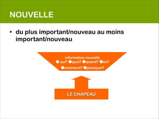 NOUVELLE

• du plus important/nouveau au moins
  important/nouveau

                   information nouvelle
              ● qui? ●quoi? ●quand? ●où?
                ●comment? ●pourquoi?




                   LE CHAPEAU
 