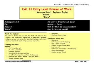 Messages Book 1 EAL Scheme of Work, A1 Entry Level / Breakthrough
EAL A1 Entry Level Scheme of Work
Messages Book 1, Beginners English
Module 1
“Facts”
Messages Book 1
EAL
Module 1
“Facts”
A1 Entry / Breakthrough Level
Module 1: Facts
Unit 1: What do you remember?
Unit 2: Are you ready?
©Cambridge University Press 2008 PHOTOCOPIABLE Module 1 “Facts” Page 1
About the module:
The module is divided into two units. The first is to discover what
English, if any, the students already know by making short sentences
and giving personal information. The second unit builds on the first and
also requires students to ask and give personal information.
• Geography
• Rhythm drill: word stress
Listening and reading skills:
• Punctuation
• Listen to and understand a song
• Read a letter in English
• Life and culture: Alphabet world
• Read an e-mail
• Listen to an interview for a student survey
• Listen to a radio quiz
• Life and culture: The UK
Learning outcomes:
Grammar:
• I’m / I live / I’ve got
• He / She ….. His / Her
• Classroom language
• Can: asking for permission and help
• Be: affirmative, negative, questions, short answers
• Questions with “What”, “Where”, “Who” and “When”
• Singular and plural nouns
 