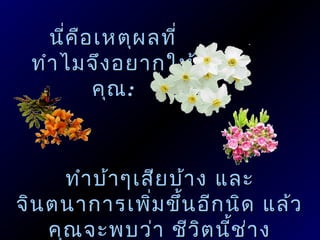 นี่ค อ เหตุผ ลที่
        ื
 ทำำ ไมจึง อยำกให้
          คุณ :



      ทำำ บ้ำ ๆเสีย บ้ำ ง และ
จิน ตนำกำรเพิม ขึ้น อีก นิด แล้ว
                 ่
    คุณ จะพบว่ำ ชีว ิต นี้ช ่ำ ง
 