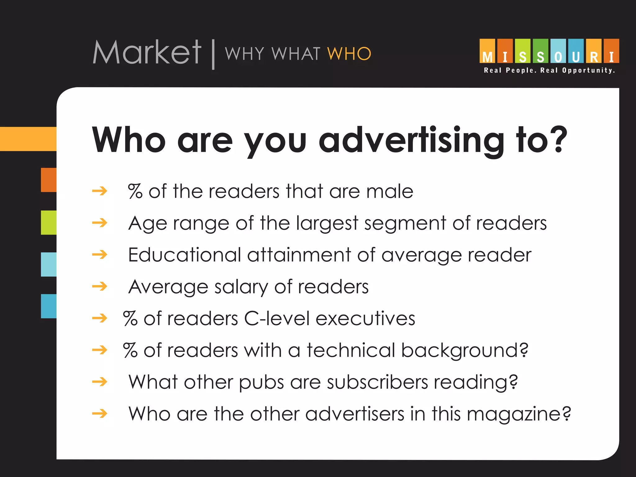 Market|why what who
Who are you advertising to?
g % of the readers that are male
g Age range of the largest segment of readers
g Educational attainment of average reader
g Average salary of readers
g	% of readers C-level executives
g	% of readers with a technical background?
g What other pubs are subscribers reading?
g Who are the other advertisers in this magazine?
 