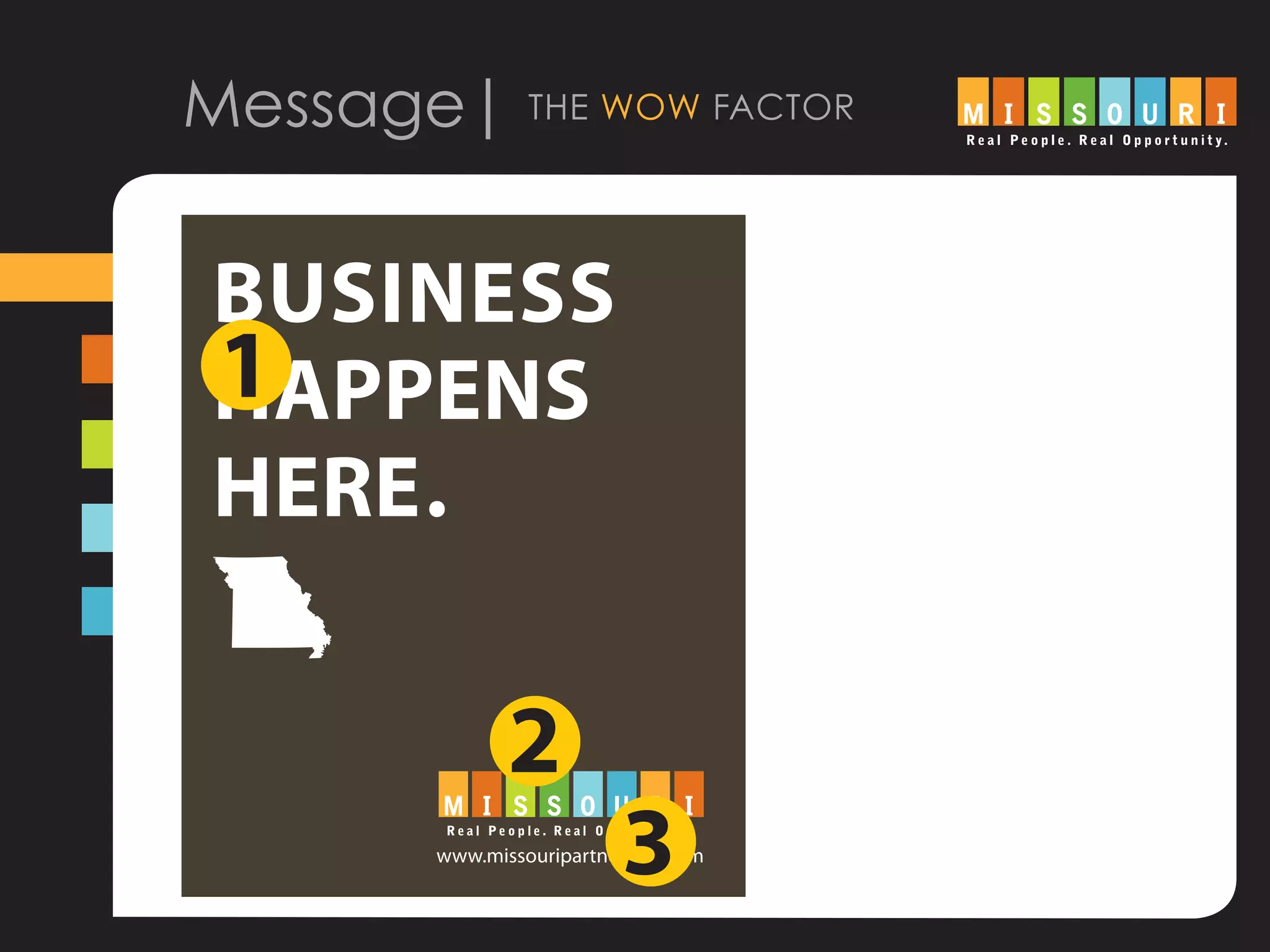 Message| the wow factor
BUSINESS
HAPPENS
HERE.
www.missouripartnership.com
1
3
2
 