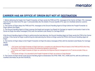 1. Before delivering the freight, the Freight Forwarder at Origin sends the FWB and FHL messages to the Carrier at Origin. FHL message
may be only the check list (FHL type 1) and potentially also the details of house waybills (FHL type 2) to facilitate advance customs
information.
2. The Carrier at Origin relays the FWB and FHL messages to the Ground Handling Agent at Origin before the Freight Forwarder at
Origin delivers the freight.
3. The Ground Handling Agent at Origin receives the freight and accepts it as Ready for Carriage (or rejects it) and sends it back to the
Carrier at Origin the status messages (FSU) with the standard code Ready For Carriage (RCS).
If the Ground Handling Agent at Origin is performing the load planning, the Ground Handling Agent at Origin sends the FFM to the Carrier
at Origin. If the Carrier at Origin is performing the load planning the Carrier at Origin sends the FFM to the Ground Handling Agent at
Origin.
4. The Carrier at Origin relays to the Freight Forwarder at Origin the status messages (FSU) with the standard code Ready For Carriage
(RCS).
e-AWB:
– - The Carrier and Freight Forwarder at Origin both have a complete and valid Shipment Record based on the FWB and RCS which they
will archive in their systems according to the pertaining regulatory requirements.
– - The Carrier and Freight Forwarder at Origin can subcontract the Shipment Record management to its IT service provider if they so
desire.
– - The Carrier at Origin, if so requested by the Freight Forwarder at Origin can produce a Cargo Receipt.
5. The Carrier at Origin sends to the Ground Handling Agent at Destination the FFM, FWB‟, FHL‟ (FWB and FHL with the confirmed or
modified information as per the FSU/RCS).
CARRIER HAS AN OFFICE AT ORIGIN BUT NOT AT DESTINATION
 