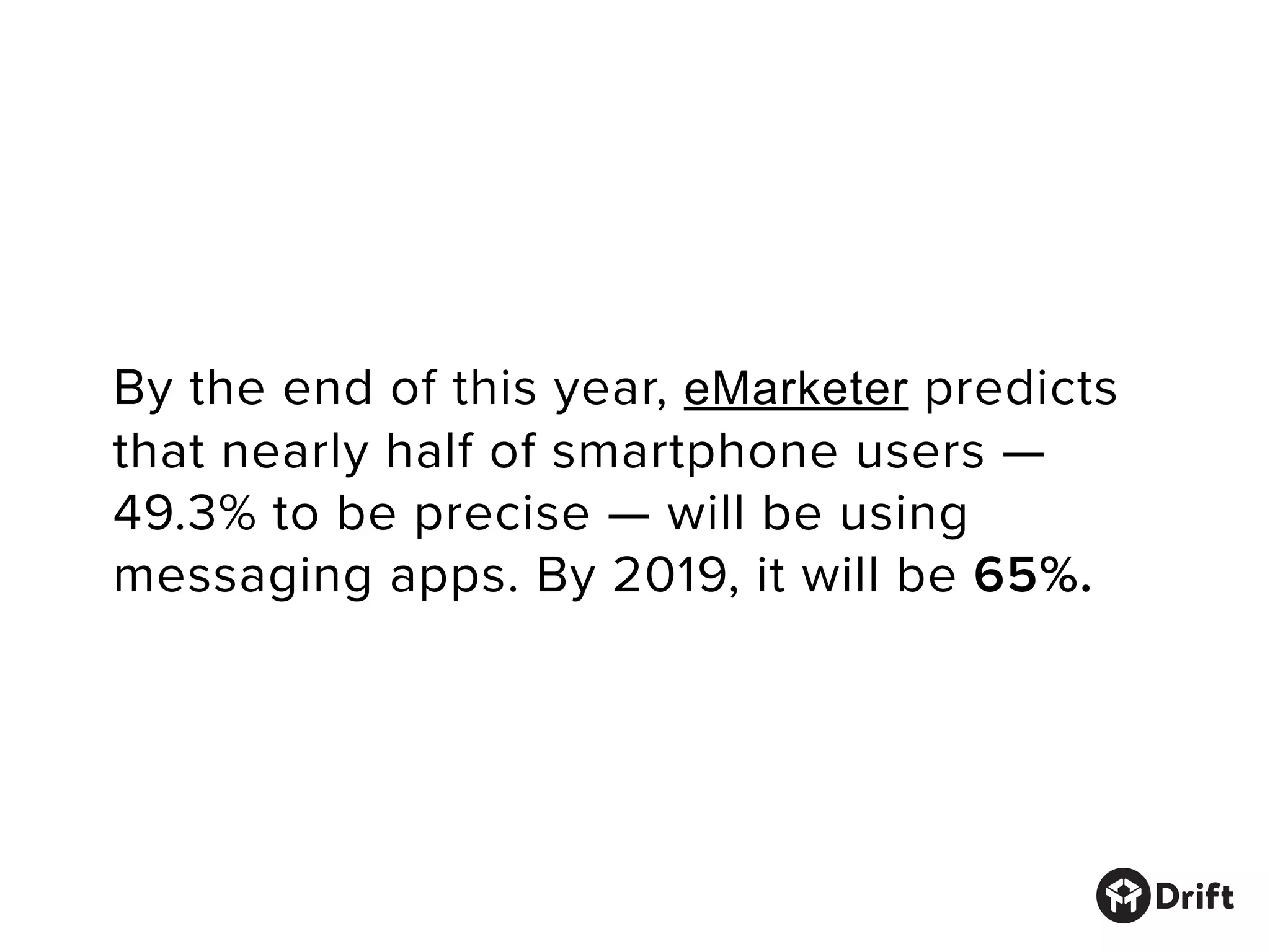 By the end of this year, eMarketer predicts
that nearly half of smartphone users —
49.3% to be precise — will be using
messaging apps. By 2019, it will be 65%.
 