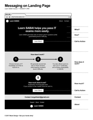 Messaging on Landing Page
Learn SABAI Version 1 15/06/2017 3PM
http://humbly.weebly.com/
Learn SABAI helps you pass IT
exams more easily.
Learn SABAI generates sets of random past IT questions while
guaranteeing level of difficulty.
Learn
More!
Learn SABAI About Contact
Learn SABAI helps you pass IT
exams more easily.
Learn SABAI generates sets of random past IT questions while
guaranteeing level of difficulty.
Learn More!
Choose domains of IT
knowledge you'd like to
improve on.
We generate several test
sets on these domains,
while keeping consistent
level of difficulty.
You take official exams to
earn your IT certificates,
and increase employability
in ASEAN.
test
How does it work?
1
Choose domains of IT
knowledge you'd like to
improve on.
2
We generate several test
sets on these domains,
while keeping consistent
level of difficulty.
3
You take official exams to
earn your IT certificates,
and increase employability
in ASEAN.
$
How much does it cost?
Explanation of pricing goes here.
If your product is free, explain what the catch is.
Learn More!
Contact: tonguthaisri@gmail.com
Support About Contact
Learn SABAI
What?
Call to Action
How?
How does it
work?
How much?
Call to Action
Contact
About
© 2017 Black Design • Get your hands dirty!
 