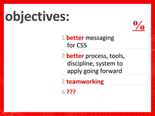 objectives: <ul><li>1   better  messaging  for CS5 </li></ul><ul><li>2   better  process, tools, discipline, system to  ap...
