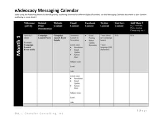 eAdvocacy Messaging Calendar
(After using the Publishing Matrix to identify priority publishing channels for different types of content, use this Messaging Calendar document to plan content
publishing in more detail.)

           Milestone/       Related     Website                    Email             Facebook           Twitter          List-Serv          Add More
           Activity         Print       Content                    Content           Content            Content          Content            (e.g. YouTube,
                            Document(s)                                                                                                     Photo-sharing,
                                                                                                                                            Change.org, etc.)

           Activity 1       Campaign           Campaign            Announce              Event          Tweet about      N/A                N/A
 Month 1


           (date)           Launch Flyers      Launch Event        Launch in             Posting        new campaign
                                               Details             Newsletter            Status         launch
           Example:                                                                      Update
           Campaign                                                (circle one)          Reminder       Tweet
           Launch                                                       Newsletter                      language (140
           Event (6/15)                                                 Email                           characters)
                                                                        Update
                                                                        Action
                                                                        Alert

                                                                   Subject Line:

                                                                   Lead:

                                                                   Ask:

                                                                   (circle one)
                                                                        Newsletter
                                                                        Email
                                                                        Update
                                                                        Action
                                                                        Alert

                                                                   Subject Line:

                                                                   Lead:

                                                                   Ask:



                                                                                                                                                    1|Page
©A.L. Chandler Consulting, Inc.
 