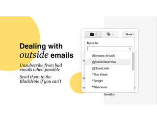 Dealing with
outside emails
Unsubscribe from bad
emails when possible
Send them to the
BlackHole if you can’t
SaneBox
 