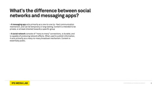 © 2013 IPG Media Lab. Proprietary & Confidential
What’s the difference between social
networks and messaging apps?
• A messaging app acts primarily as a one-to-one (or -few) communication
mechanism, and can be temporary or long-lasting. Content is intended to be
private, or at least directed towards a specific group
!
• A social network consists of “many to many” connections, is durable, and
is capable of producing network effects. When used to publish information,
it acts primarily as a many-to-many broadcast mechanism. Content is
essentially public.
5
 