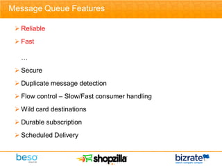 Message Queue Features

  Reliable
  Fast

   …
  Secure
  Duplicate message detection
  Flow control – Slow/Fast consumer handling
  Wild card destinations
  Durable subscription
  Scheduled Delivery



                                 - 8-
 