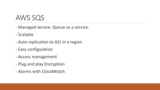 AWS SQS
- Managed service. Queue as a service.
- Scalable
- Auto replication to AZs in a region
- Easy configuration
- Access management
- Plug and play Encryption
- Alarms with CloudWatch
 
