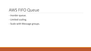 AWS FIFO Queue
- Inorder queue.
- Limited scaling.
- Scale with Message groups.
 