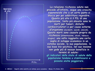 La relazione ricchezza salute non procede all’infinito, segue una crescita esponenziale che a un certo punto si blocca per poi addirittura regredire. Quanto più alto è il PIL di una popolazione, tanto più elevate sono le morti per tumori, disturbi cardiocircolatori e per cause esterne al’organismo  (incidenti, suicidi, omicidi) . Queste morti sono causate proprio da ricchezza  (alimentazione, alcool, tabacco, droghe) ; una volta raggiunta una certa soglia di sviluppo economico in un sistema sociale, la sua popolazione, la sua base bio-psichica, nel suo insieme non gode più di nessun beneficio in termini di salute:  gli indicatori dello stato di salute della popolazione tendono a stabilizzarsi e possono anche peggiorare . Speranza di vita P.I.L. 