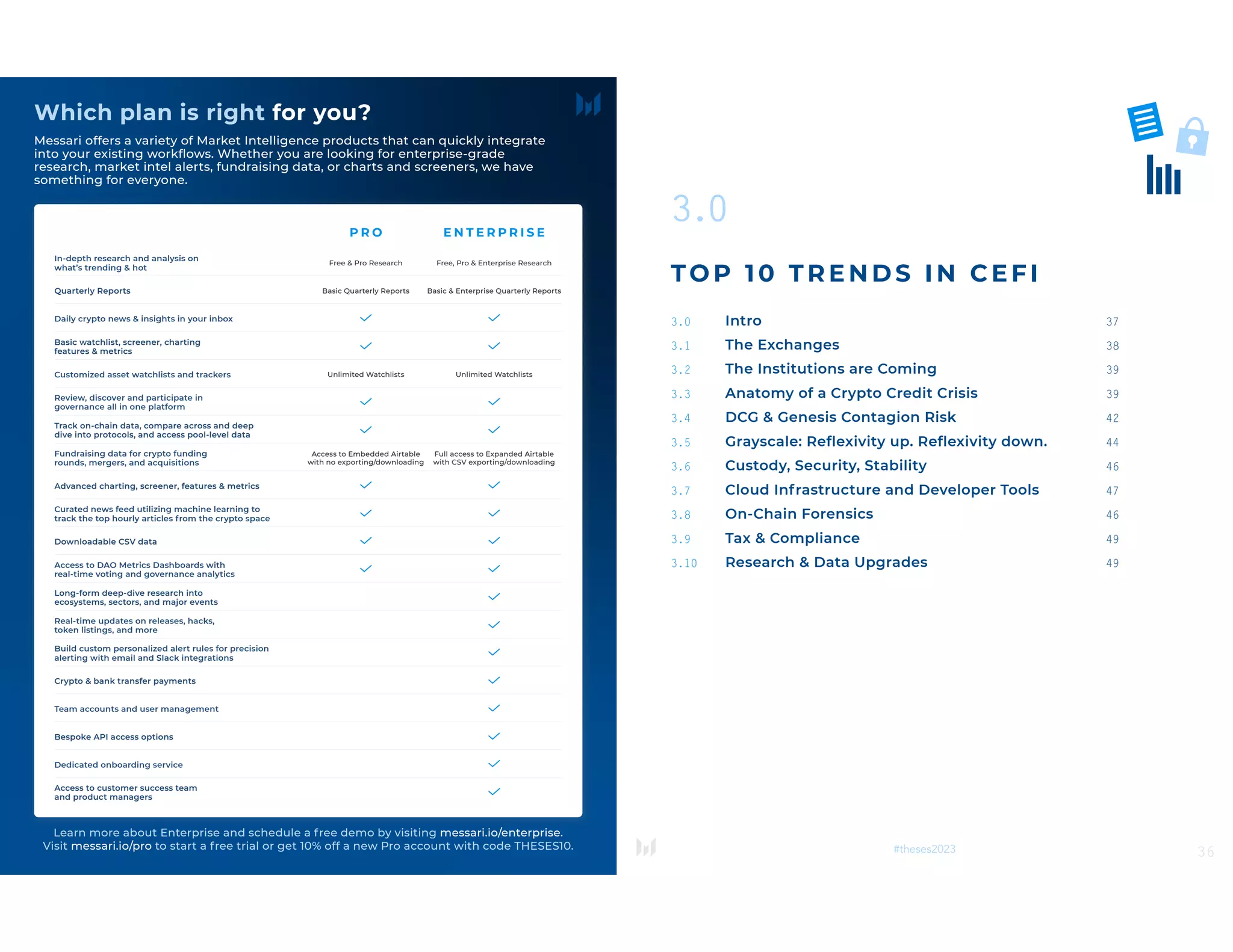 35
#theses2023
In-depth research and analysis on
what’s trending & hot
Daily crypto news & insights in your inbox
Downloadable CSV data
Track on-chain data, compare across and deep
dive into protocols, and access pool-level data
Build custom personalized alert rules for precision
alerting with email and Slack integrations
Customized asset watchlists and trackers
Long-form deep-dive research into
ecosystems, sectors, and major events
Dedicated onboarding service
Advanced charting, screener, features & metrics
Team accounts and user management
Quarterly Reports
Basic watchlist, screener, charting
features & metrics
Access to DAO Metrics Dashboards with
real-time voting and governance analytics
Fundraising data for crypto funding
rounds, mergers, and acquisitions
Crypto & bank transfer payments
Review, discover and participate in
governance all in one platform
Real-time updates on releases, hacks,
token listings, and more
Access to customer success team
and product managers
Curated news feed utilizing machine learning to
track the top hourly articles from the crypto space
Bespoke API access options
P R O
Free & Pro Research
Unlimited Watchlists
Basic Quarterly Reports
Access to Embedded Airtable
with no exporting/downloading
E N T E R P R I S E
Free, Pro & Enterprise Research
Unlimited Watchlists
Basic & Enterprise Quarterly Reports
Full access to Expanded Airtable
with CSV exporting/downloading
Which plan is right for you?
Messari offers a variety of Market Intelligence products that can quickly integrate
into your existing workflows. Whether you are looking for enterprise-grade
research, market intel alerts, fundraising data, or charts and screeners, we have
something for everyone.
Learn more about Enterprise and schedule a free demo by visiting messari.io/enterprise.
Visit messari.io/pro to start a free trial or get 10% off a new Pro account with code THESES10.
36
#theses2023
3.0
TOP 10 TRENDS IN CE FI
3.0 Intro 37
3.1 The Exchanges 38
3.2 The Institutions are Coming 39
3.3 Anatomy of a Crypto Credit Crisis 39
3.4 DCG & Genesis Contagion Risk 42
3.5 Grayscale: Reflexivity up. Reflexivity down. 44
3.6 Custody, Security, Stability 46
3.7 Cloud Infrastructure and Developer Tools 47
3.8 On-Chain Forensics 46
3.9 Tax & Compliance 49
3.10 Research & Data Upgrades 49
 